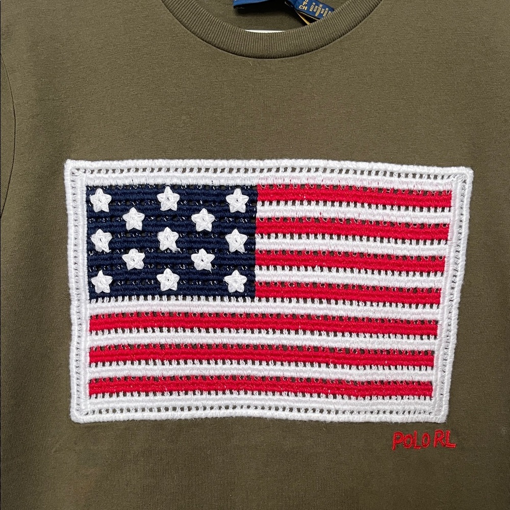 Polo Ralph Lauren Crotchet Flag 100% Cotton Crewneck T-shirt Preppy Americana - Picture 9 of 9